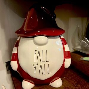Rae Dunn Fall Halloween FALL Y'ALL Gnome Canister--Red & White, Ceramic, Autumn